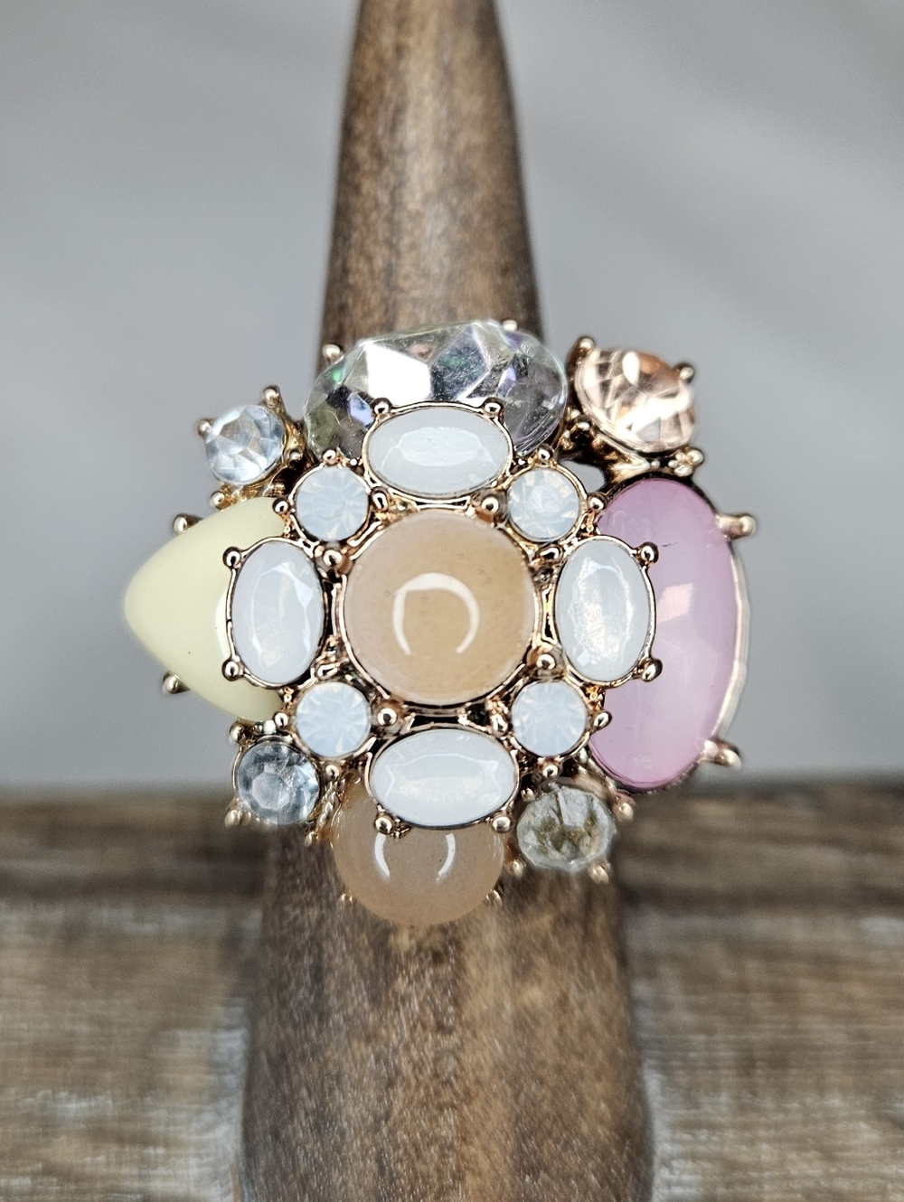 Rose Gold Tone Maximalist Cluster Ring | Pastel Cabochon Statement Piece Sz 6.5